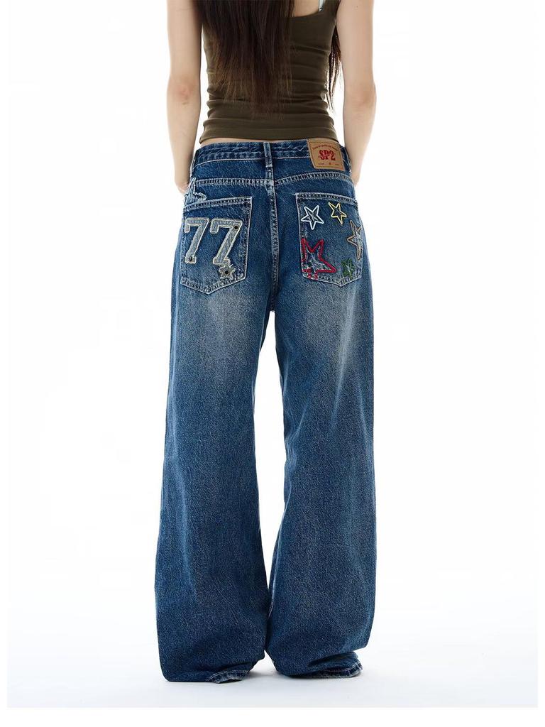 Light Blue Retro Fireworks Pattern High Waist Wide Leg Jeans for Women - Spring/Autumn 2026 Style, Floor-Length.