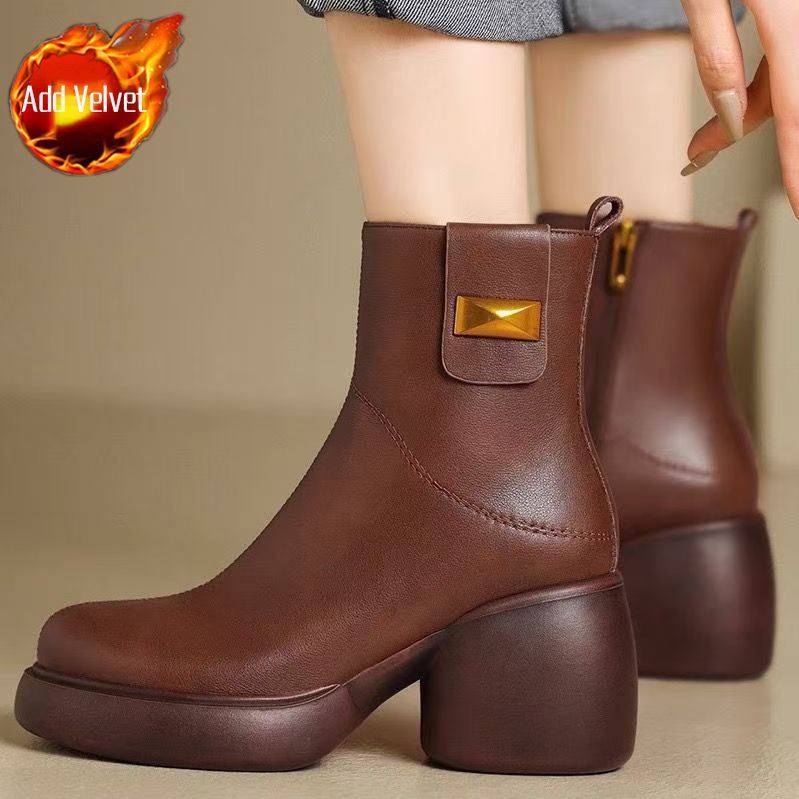 

Fashion Chunky Round Toe Woman Short Shoes Autumn Winter Leather Booties Elegant with Medium Heels Ankle Boots for Women New in Pu Boot 35