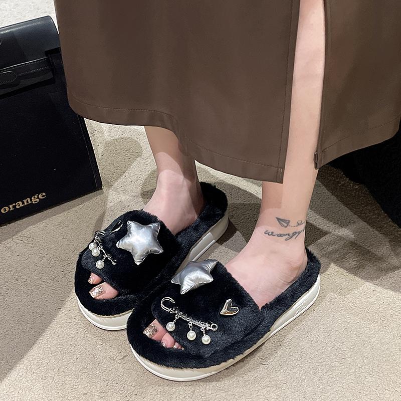 Модные зимние новые женские домашние однотонные тапочки из хлопка с жемчужной звездой — фото 4