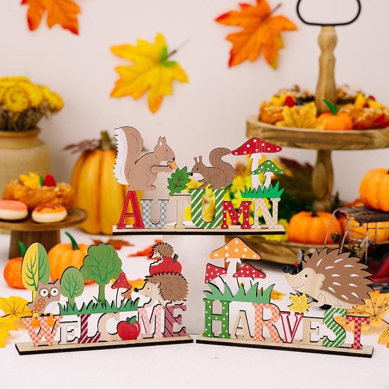 Stylish Harvest Season Wooden Animal Display Featuring Hedgehog And Designs Squirrel