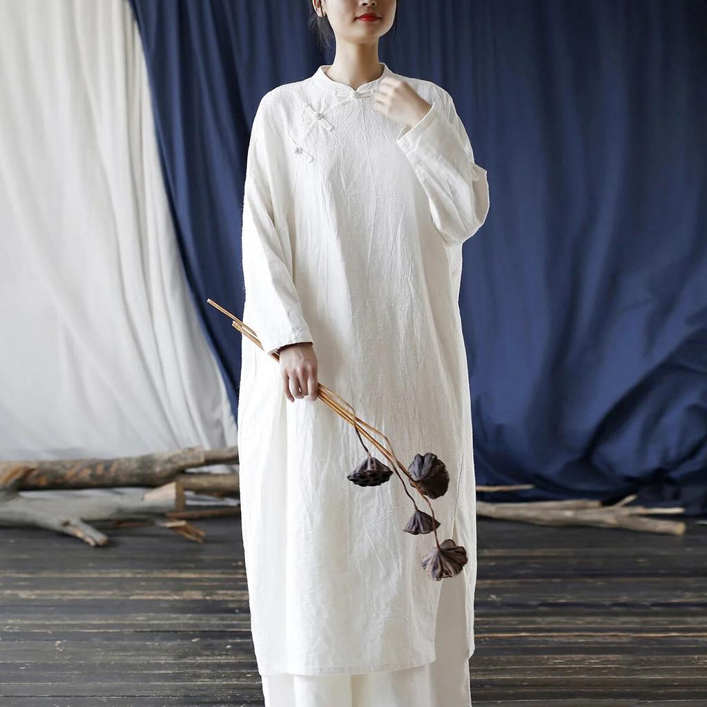 Johnature נשים בסגנון סיני מעמד שמלת שרוולים ארוכים כפתור גלימות אביב צבע אחיד בציר A-line שמלות