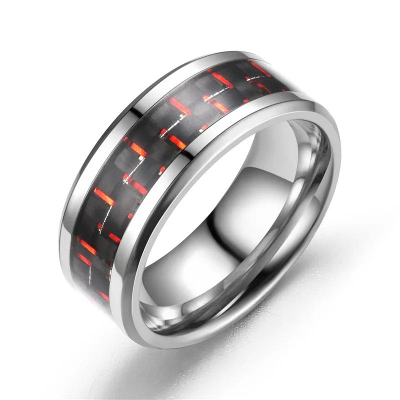 8MM Stainless Steel Black Carbon Fiber Ring Fashion Red/Blue Unisex Cool Charm  Gift for Men Women