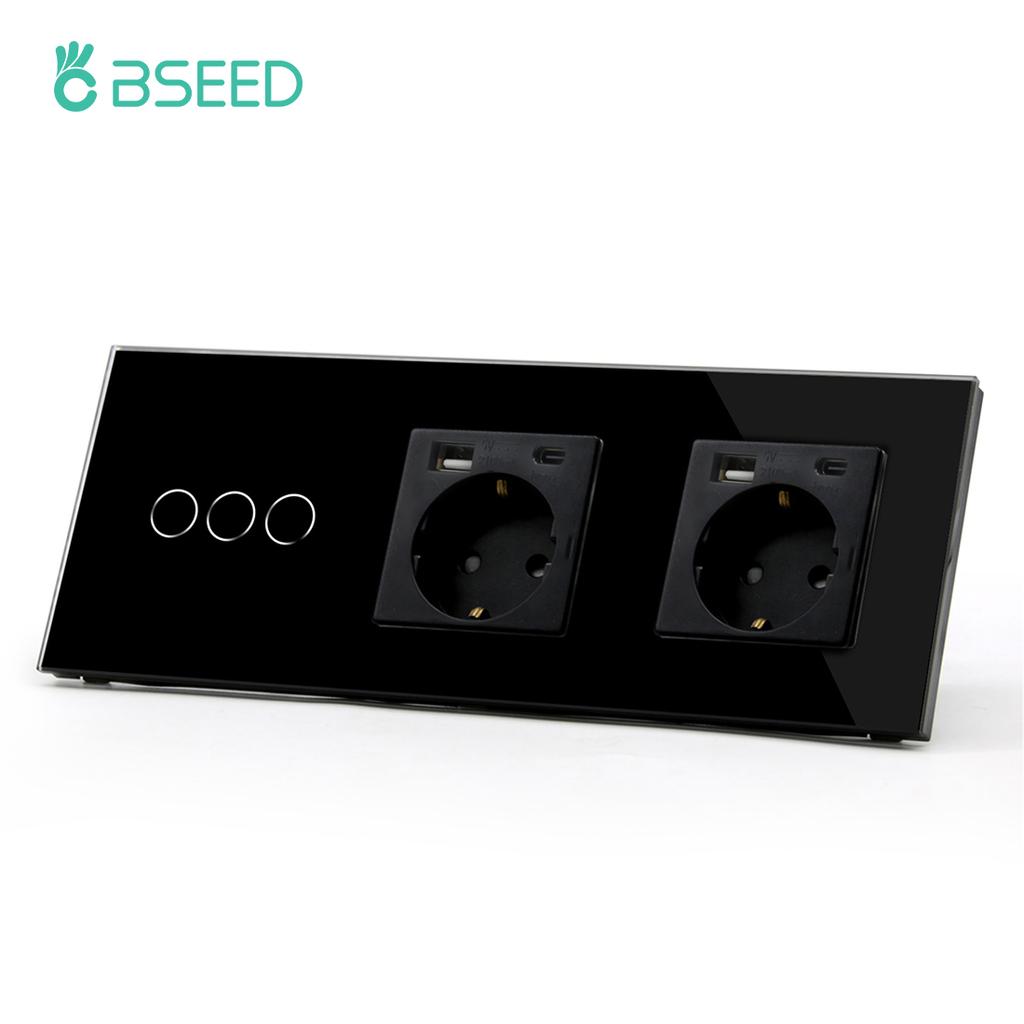 BSEED Touch Sensor Switch 1/2/3Gang 1Way Wall Light Switches Crystal Glass Switch With Double Power Sockets EU Standard