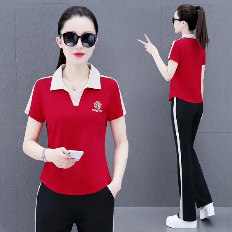 Casual Sportswear Suit for Women, Summer Style, Age-reducing Short-sleeved Sweatshirt, Straight Pants Two-piece Set