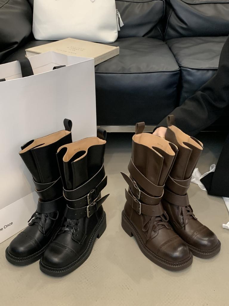2025 autumn and winter new dark wind belt buckle locomotive boxing boots women's thick-soled retro wind tube knight boots women