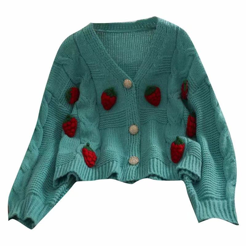 2024 Korejský pletený svetr s jahodovou výšivkou, silná vlněná bunda s dlouhým rukávem pro ženy na podzim.