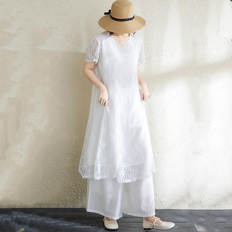 Korte mouw Grote maten kant vintage bloemen nieuw in jurken voor dames casual los lang zomerjurk