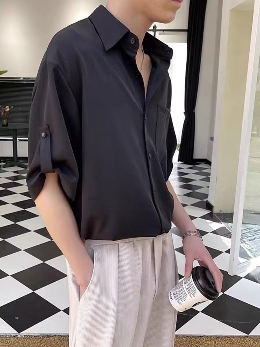 

Men s Three-Quarter Sleeve Korean-Style Ice Silk Shirt - Cool, Light, and Trendy M чорний