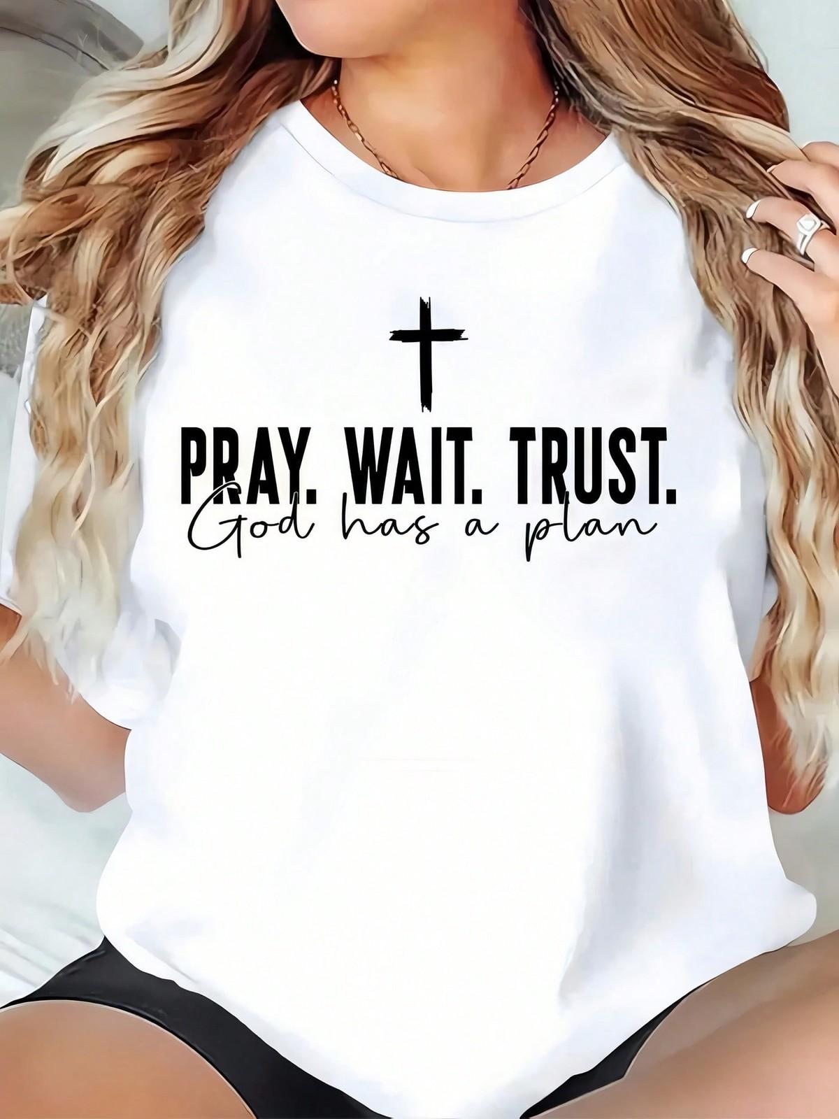 Women  Cross Pray Wait Trust Print White TShirt, Crew Neck, Casual Tee XL