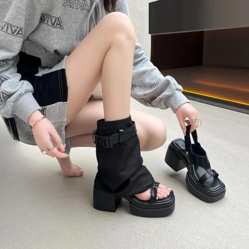 

Женские босоножки с перемычкой на пальце, крутые ботинки, короткая молния, квадратный каблук, две высоты носки, увеличивающие рост короткие ботинки, легкие модные ботинки, женская обувь 40 чёрный