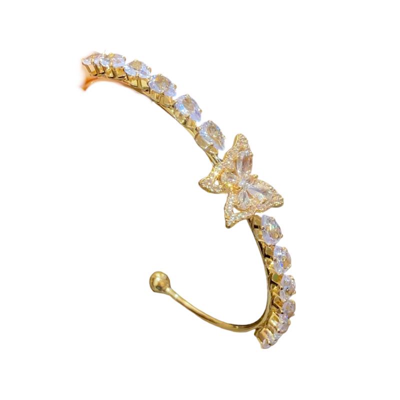 Korean-Style Zircon Butterfly Teardrop Open Bangle: Exquisite Light Luxury Women's Bracelet