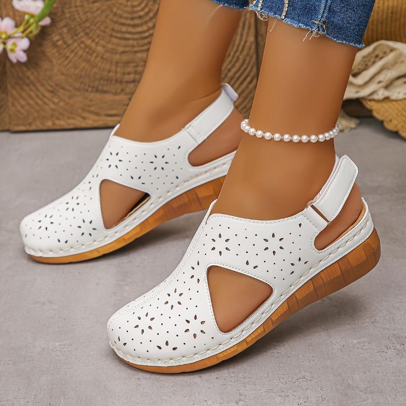 Women'S Stylish White Wedge Sandals with Cut-Out Design, Round Toe & Ankle Strap - Comfortable PU Cover Casual Shoes for Parties Wedge Sandals