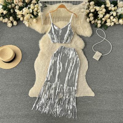 Sexy Off Shoulder Chic Sequin Two Pieces Sets Women Camis Fashion Tops + Tassels High Waist Skirt Female Korean Patchwork Casual Vacation Suit 2024