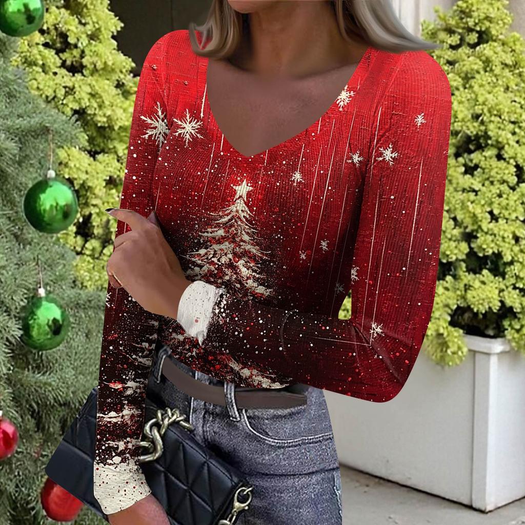 Women's Winter Slim-Fit Base Layer T-Shirt Fashionable Christmas Print V-Neck Pullover Long-Sleeved Top