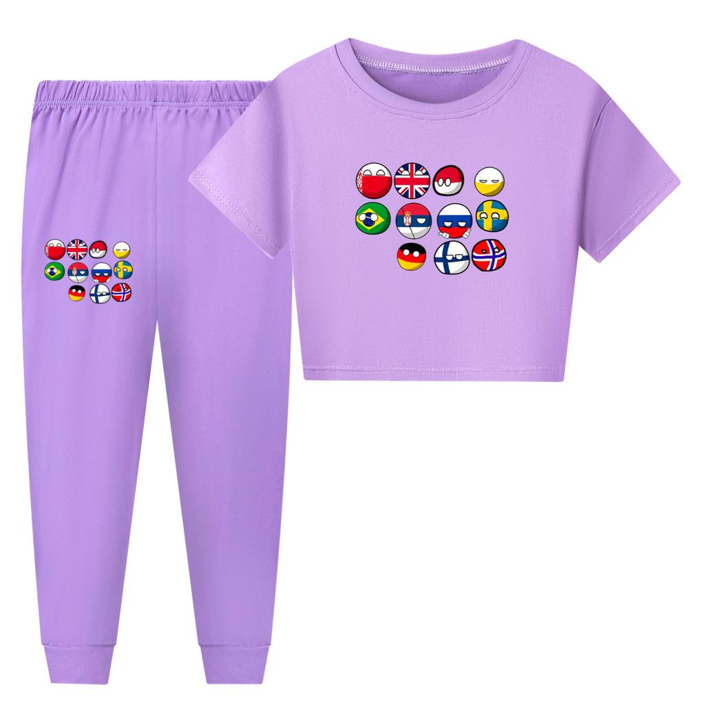 Polandball Dětský pyžamový set Kreslený potisk Countryball Dlouhý/Krátký rukáv Horní díl Dlouhé kalhoty Dětské oblečení na spaní 2 ks Domácí oblečení