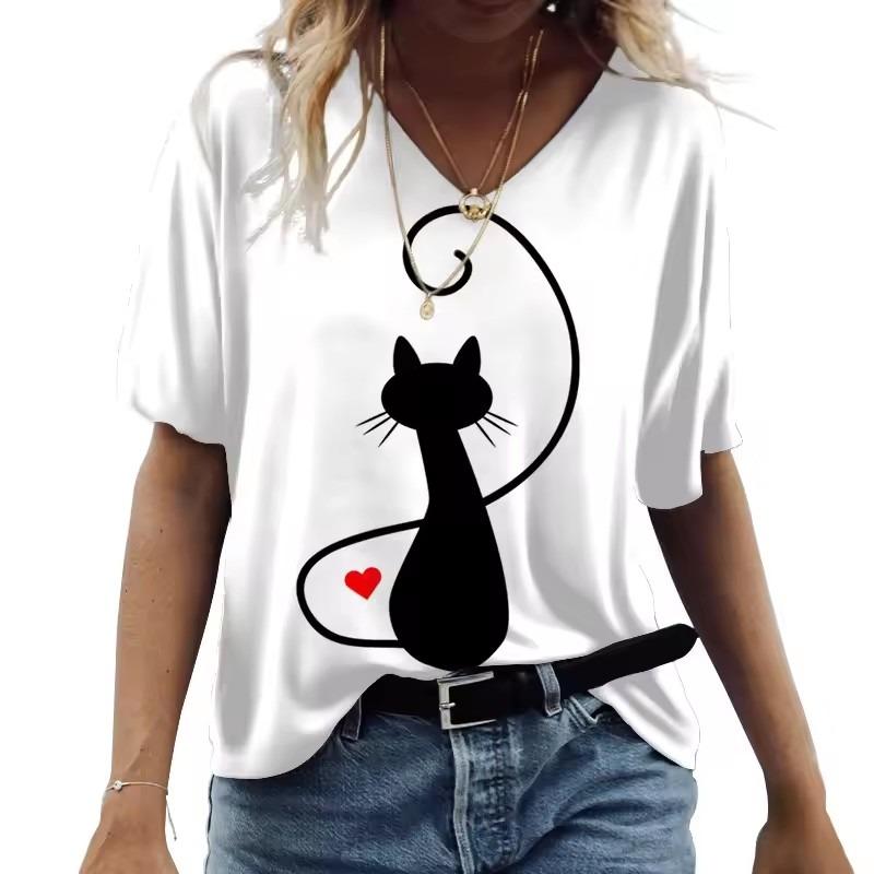 Cartoon Cat Women's T-shirts V-Neck Cute Cat 3D Print Short Sleeve Summer Kawaii Fashion Casual Tee Shirts Funny Femininity Clothes