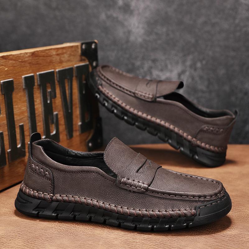 Men s Large Hand-Stitched Leather Loafers - Slip-On Casual Outdoor Shoes 40