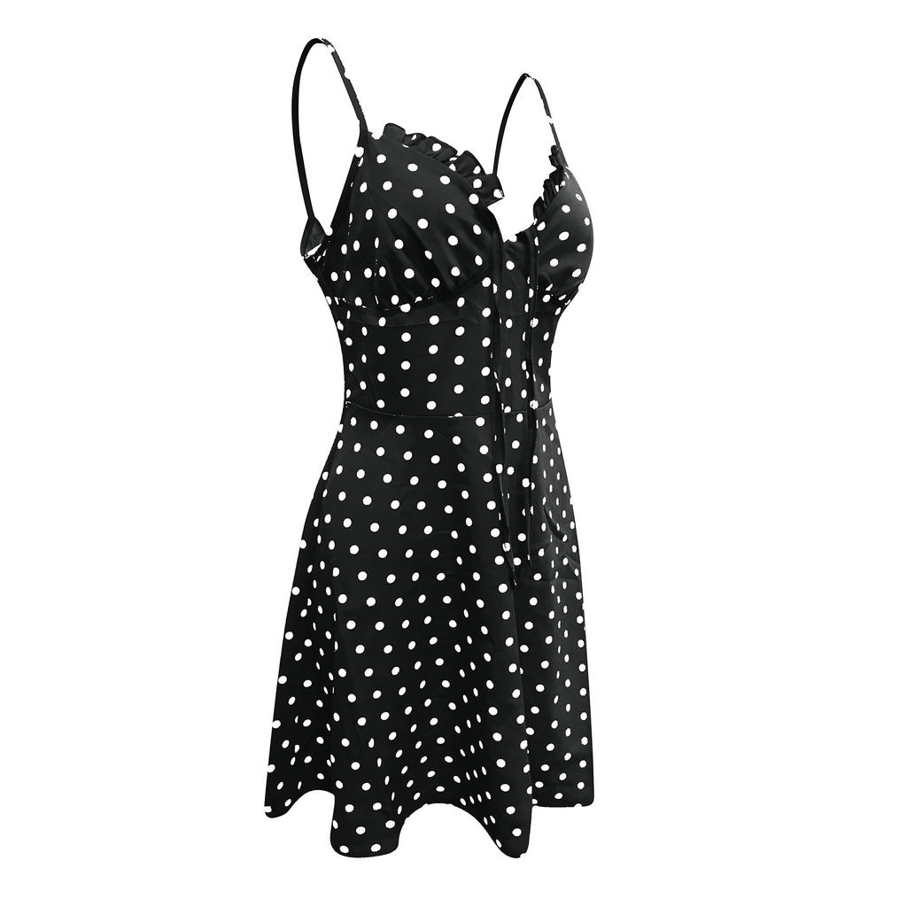 Women's Summer Fasion Polka Dot Printed Chest Lace Sexy Slim Sling Dress