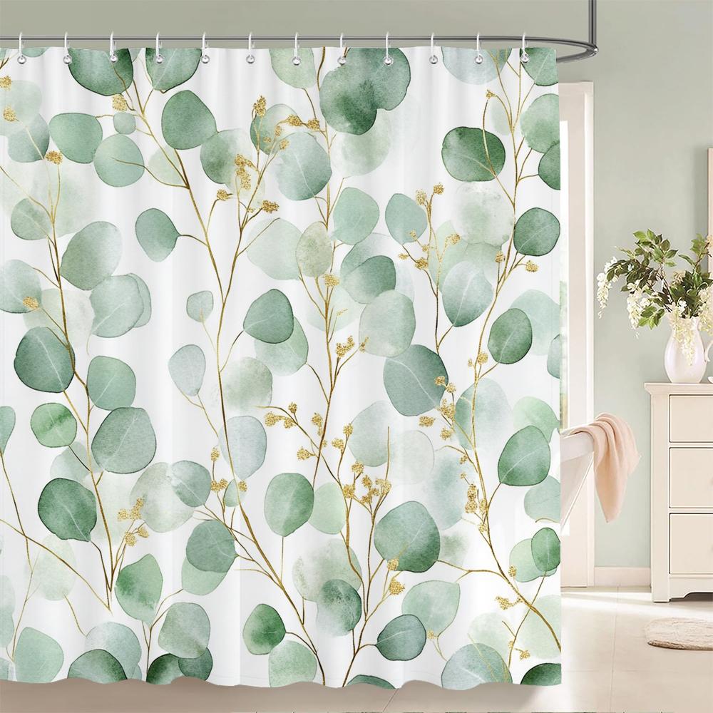 Fresh Green Leaves and Plants Pattern Shower Curtain Printed Leaves Bathroom Bath Curtain Home Decoration Curtain With Hooks