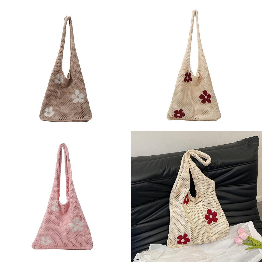 Flower Hollowed Knitting Tote Bag Large Capacity Casual Womens Shoulder Bag For Daily Use