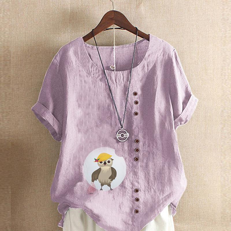 Women's Fashion Owl Prined Short Sleeve T-shirt Loose Cotton Shirt Casual Loose Summer Blouse Tops Plus Size