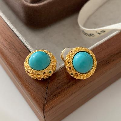 Turquoise Stud Medieval Jewelry High-End Temperament Versatile Natural Stone New Chinese Court Retro Women'S