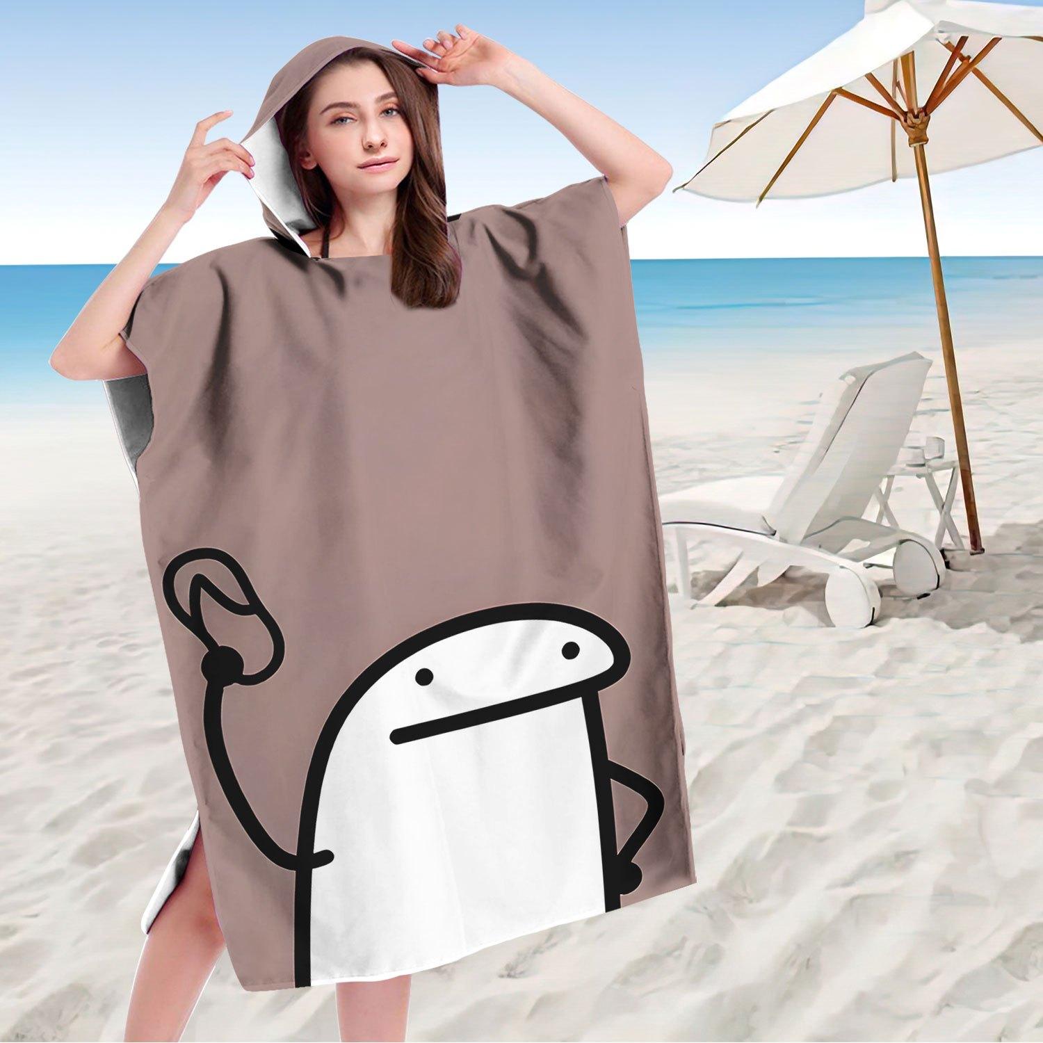 Textilien White/Brown Funny Meme Style Hooded Beach Towel Poncho | Quirky Character Holding Slipper, Flat Print, Surf Changing Robe