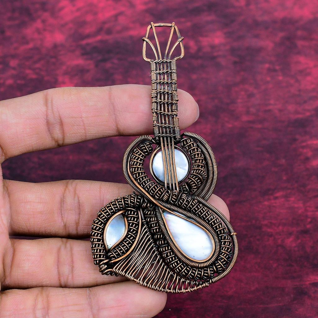 Mother Of Pearl Gemstone Pendant Handmade Copper Wire Wrapped Guitar Jewelry