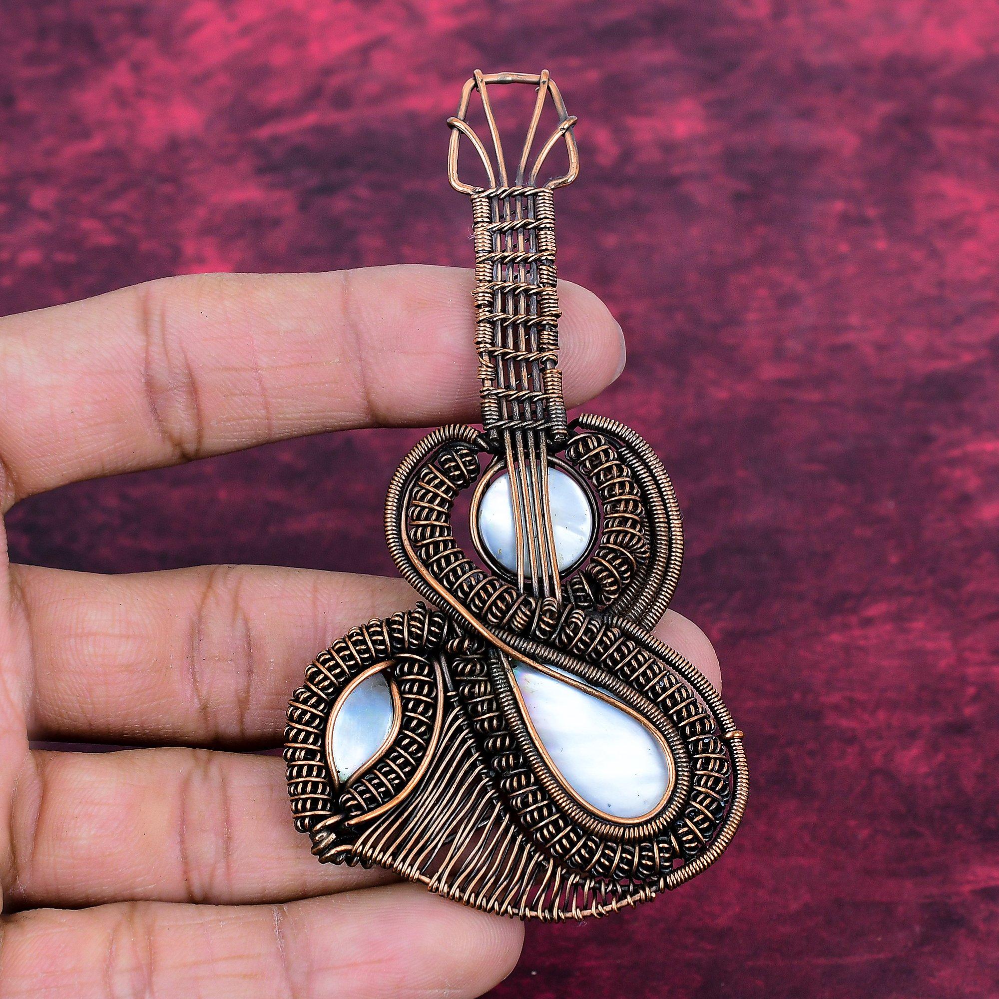 Mother Of Pearl Gemstone Pendant Handmade Copper Wire Wrapped Guitar Jewelry