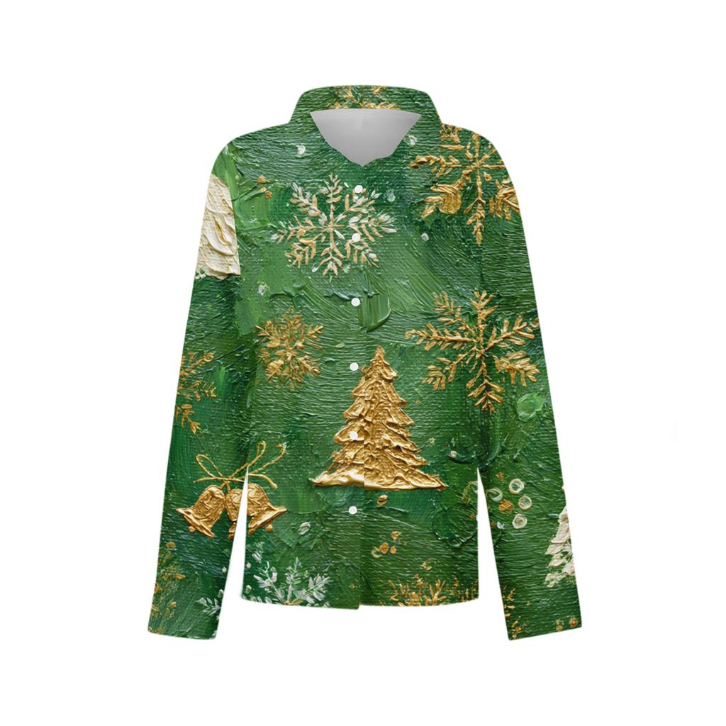 Women's Christmas Printed Button Up Long Sleeved Casual Regular Shirt With Collar Top