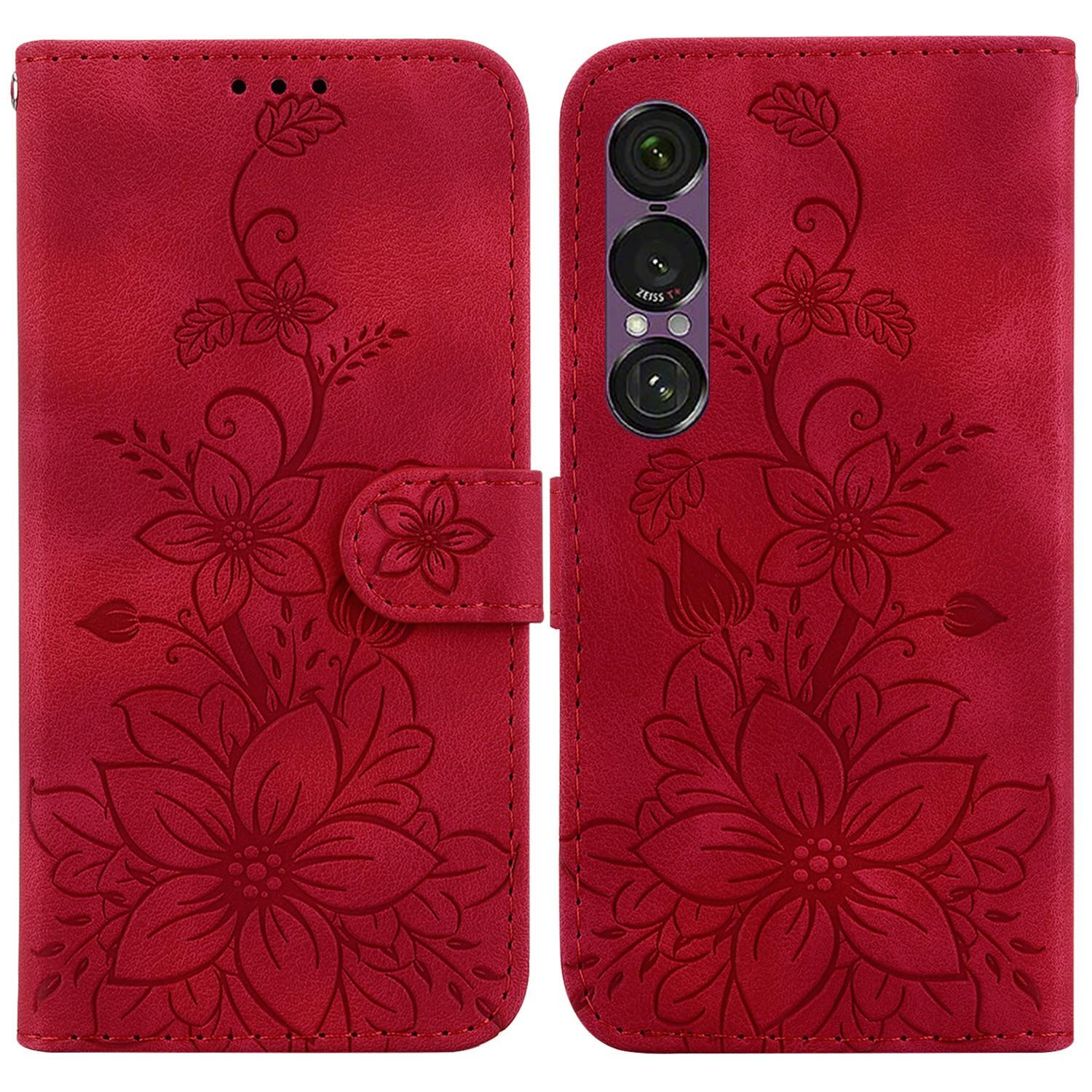 

For Sony Xperia 1 VII Stand Case Lily Flower Imprint Leather Phone Cover with Wrist Strap E