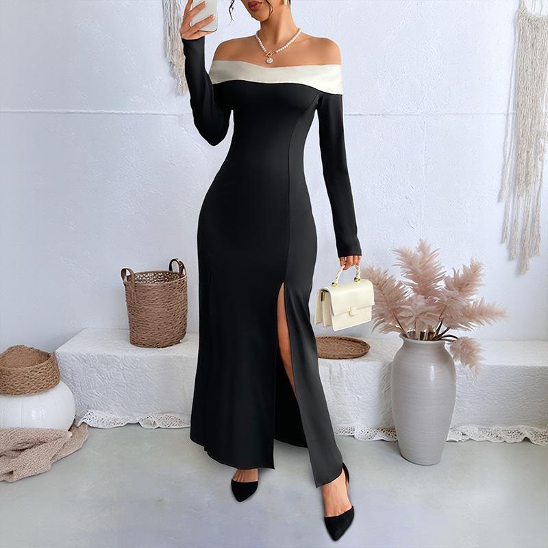 Party Light Dress Long Dress Autumn New One-shoulder Split Long-sleeved Dress