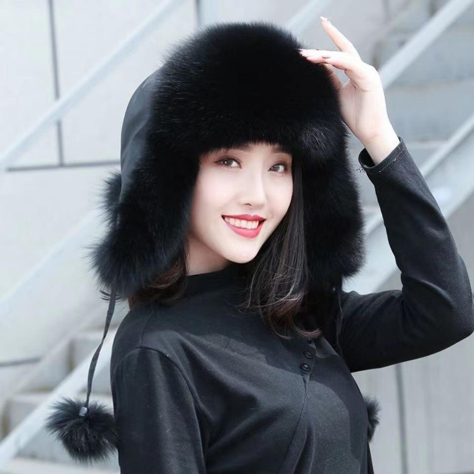 Women's Imitation Fox Fur Lei Feng Hat, Fluffy Ski Hat with Ear Protection for Autumn and Winter Warmth.