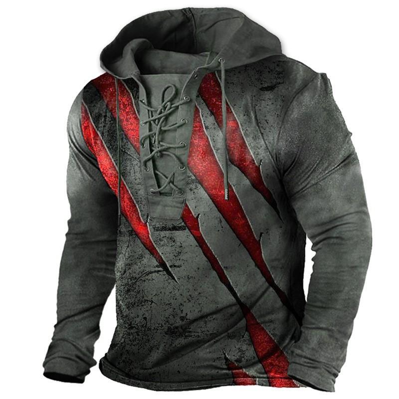 Size Men's Outdoor Retro Lace-up Long-sleeved Hoodie Autumn and Winter Casual Lace-up Sweatshirt For