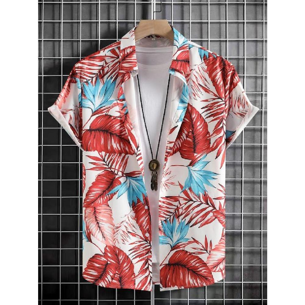 Sommer Herren Retro Bedrucktes Muster Kurzarm Revers Knopf Mode Lässig Mantel Hemd Übergroße Kleidung