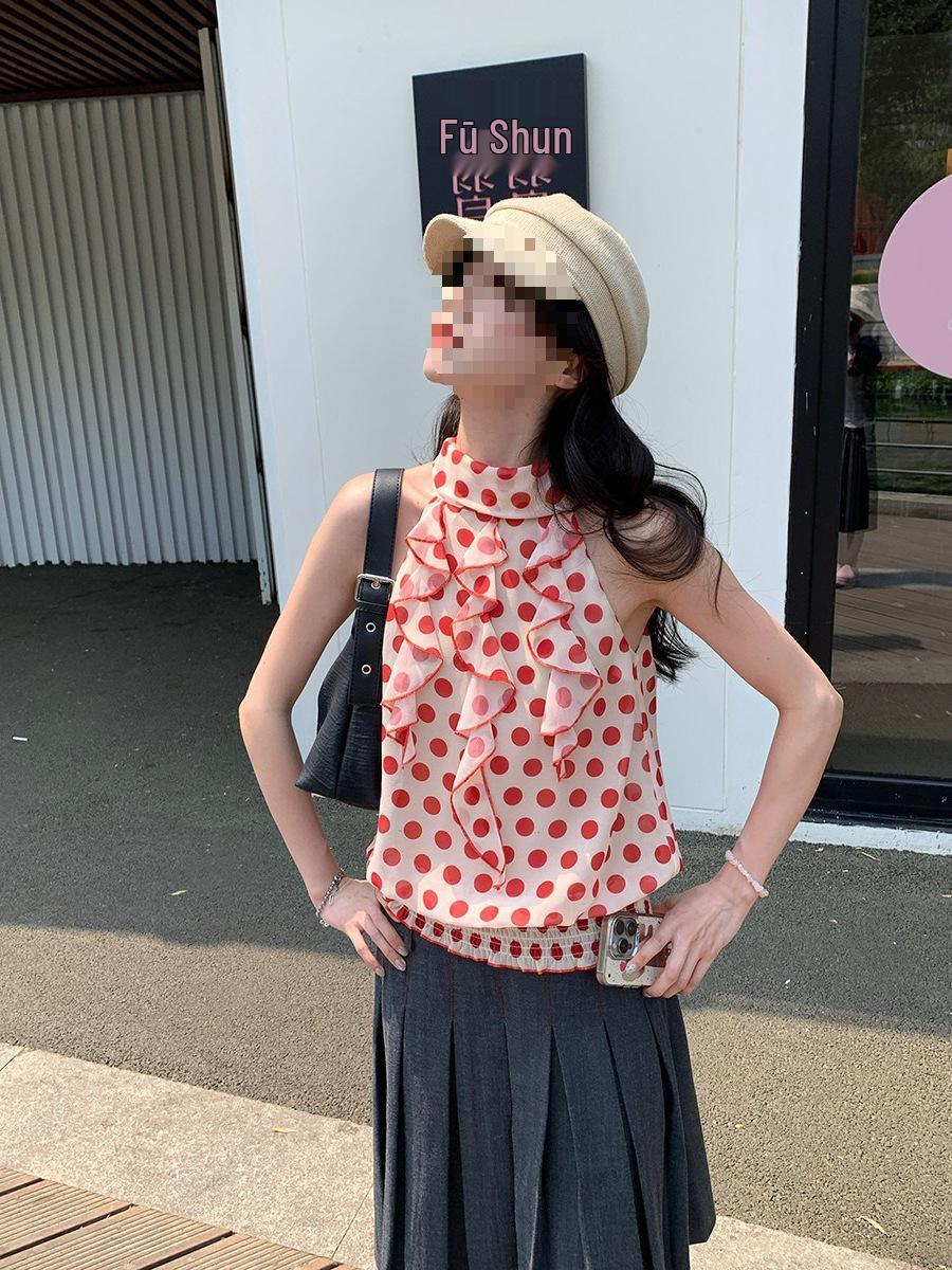 Red Polka Dot Halter Neck Sleeveless Top for Women S