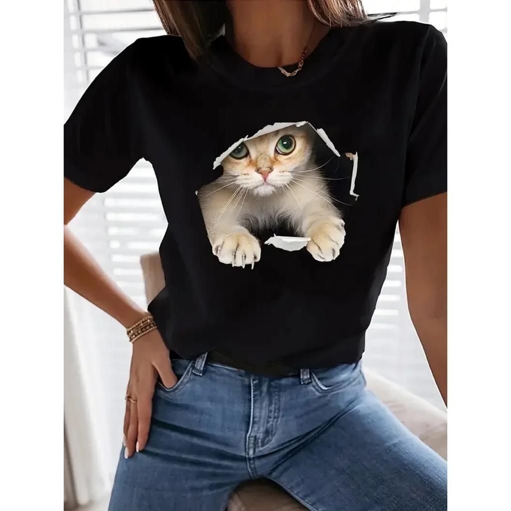 Cute Cat Print Round Neck T-shirt Spring and Summer Casual Short-sleeved T-shirt Women's Clothing Personality Fashion Summer y2k