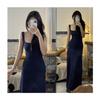 Navy Blue Square Neck Spice Girl Sleeveless Suspender Dress Female Slim and Thin High-end Long Dress Summer Temperament Skirt