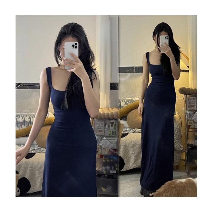 navy blue square neck Spice Girl sleeveless suspender dress female slim and thin high-end long dress summer temperament skirt S синий