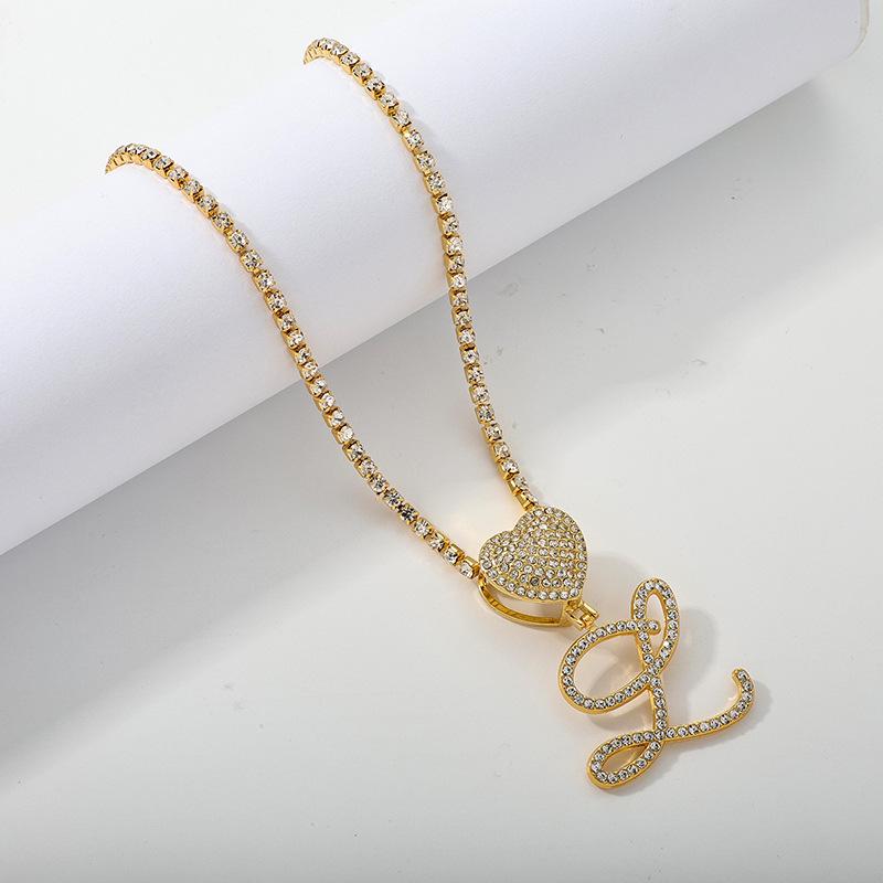 26 Flower Letter Necklace: Hip Hop Heart Pendant with Full Diamond Inlaid Tennis Chain for Women
