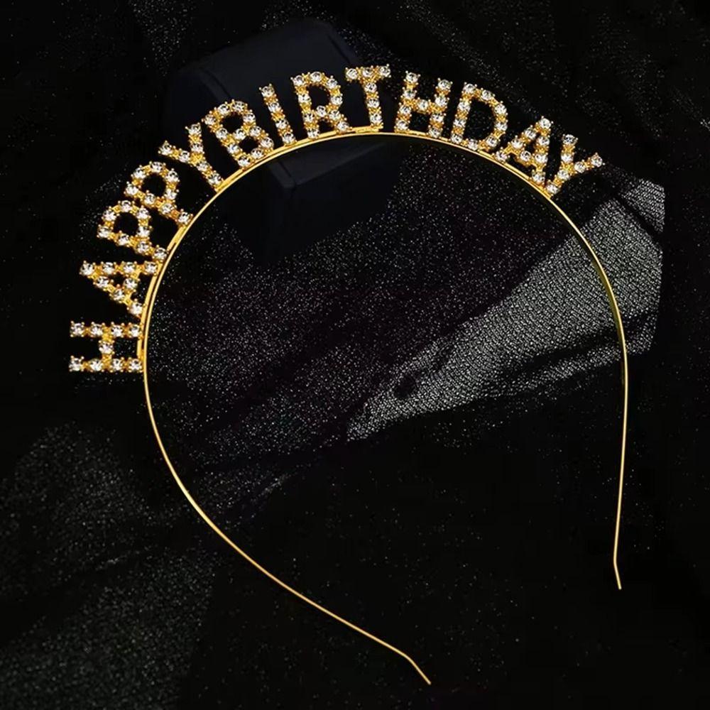 Glitter HAPPY BIRTHDAY Headband Metal Hair Accessories Crystal Birthday Tiaras Rhinestone Princess Hairbands Adult Girl