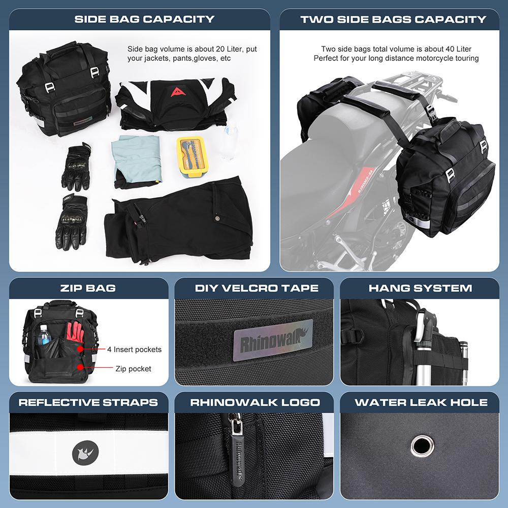 Rhinowalk Motocyklová boční taška Plně vodotěsná uvnitř 20L Rozšířitelná 30L Univerzální hák Sedlová taška s odnímatelným motocyklovým zavazadlem