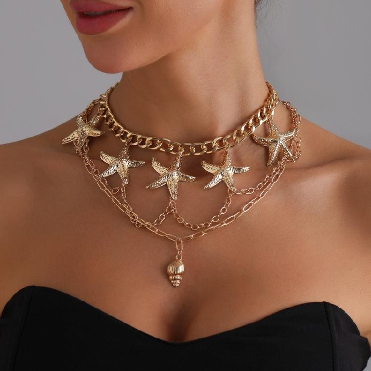 1 Set Adjustable Layering Necklace Starfish Conch Pendant Lightweight Clavicle Chain For Beach Party Summer Jewelry Gift