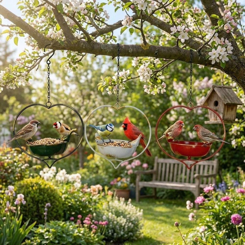 Practical Heart Shape Hanging Bird Feeder Iron Handcrafted Bird Bath Bowl Retro Bird Watching Wild Bird Feeder Garden Decoration