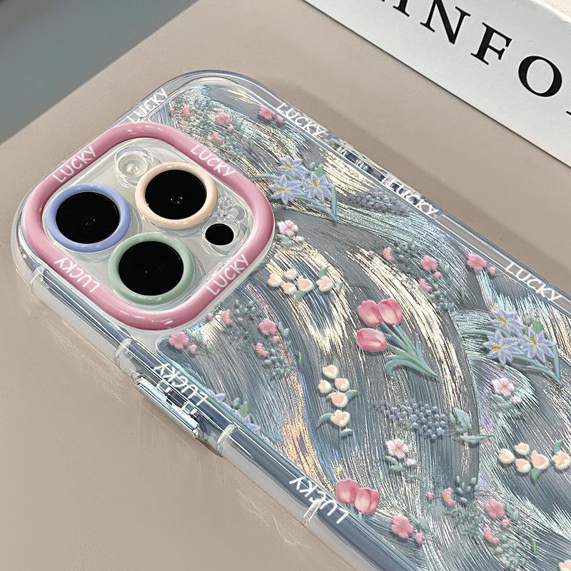 Full Screen Small Flowers Suitable for Apple 15 Cream Feather Yarn Small Fresh Mobile Phone Case Iphone13 16proamx Anti Fall