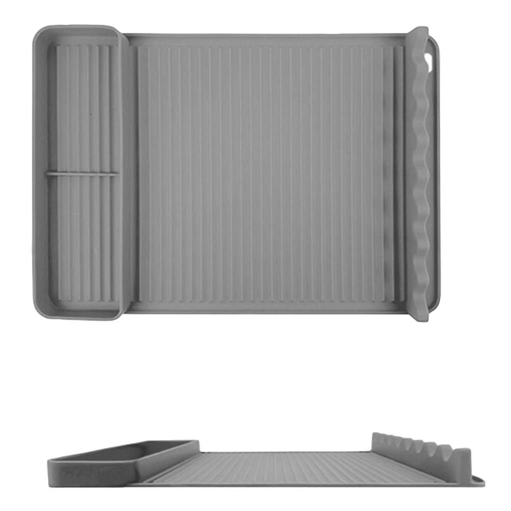Silicone Dish Drying Mat with Utensil Holder and Grooved Surface for Kitchen Countertop Organization and Efficient Water Drainage