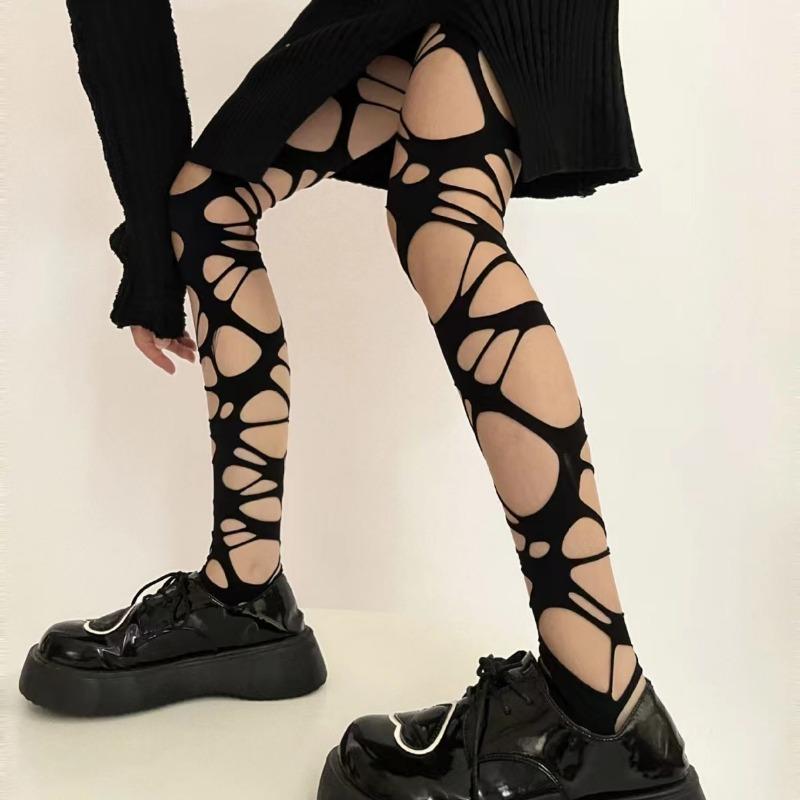 A Pair of Homemade Gothic Punk Style Stockings Hot Girl Subculture Black Hole Stockings Bottoming Pantyhose