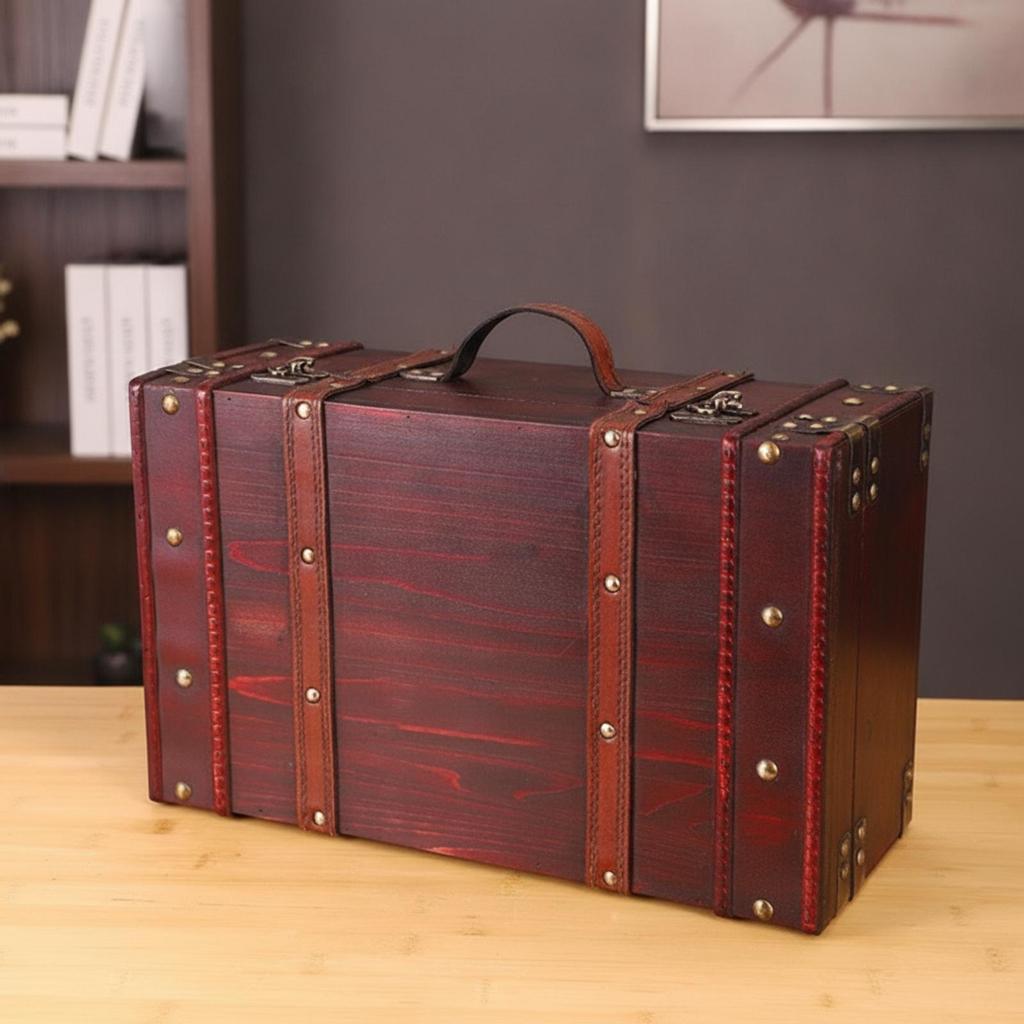 Wooden Storage Suitcase Retro Decorative Vintage AntiqueLook Chest with Handle for