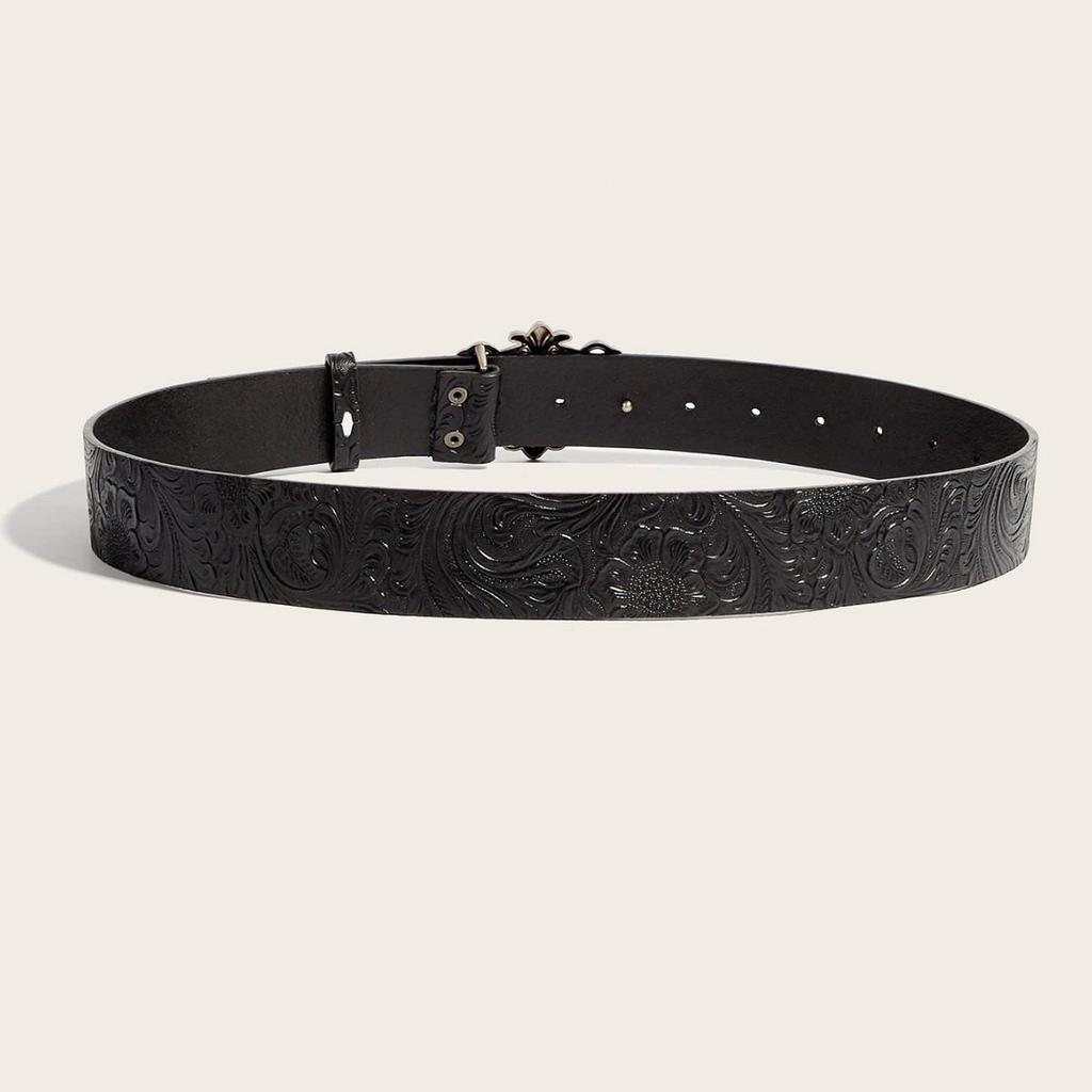 Bohemian Embossed Floral Men's Leather Belt with Cross Alloy Hollow-Out Design