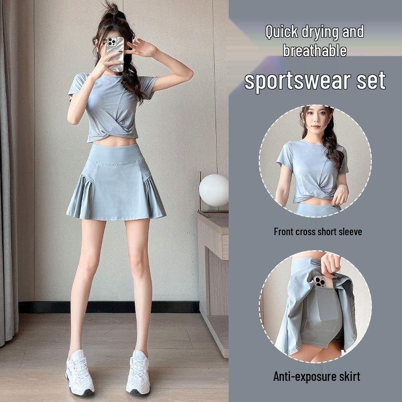Women's Quick-Dry Badminton & Tennis Sportswear Set: Summer 2025 Short Sleeve Skirt for Fitness, Yoga, Morning Runs